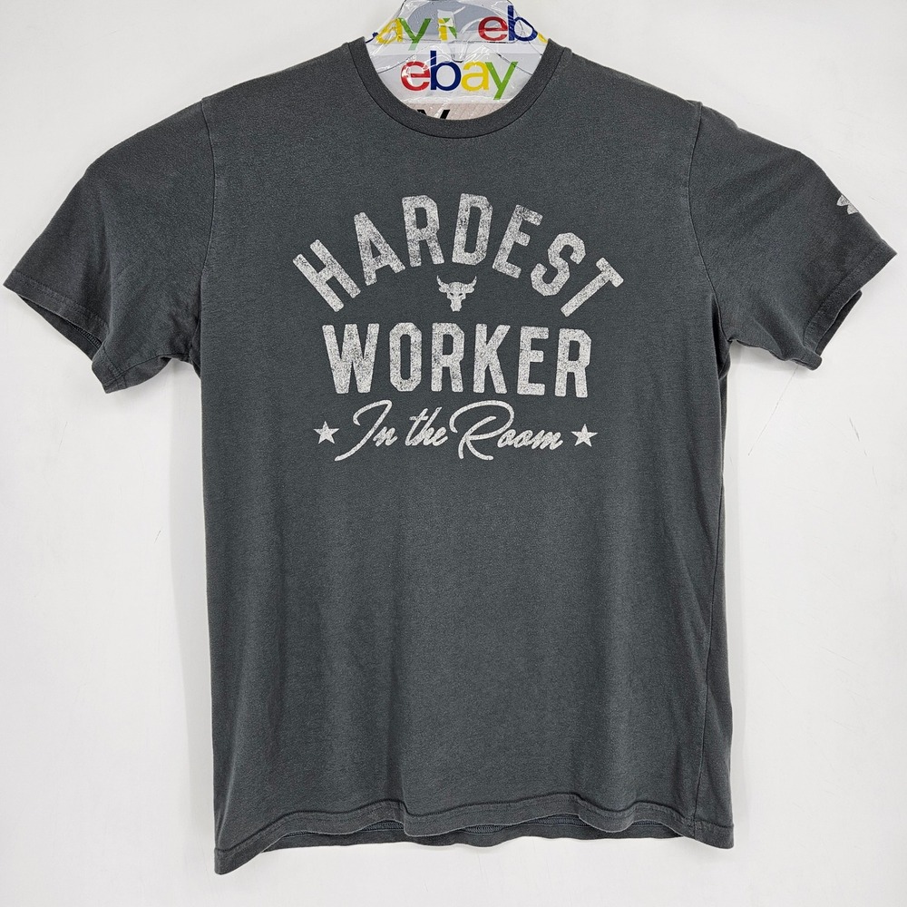 Under‎ Armour Project Rock Shirt Mens Large Hardest Worker Graphic Tee Gray Gym